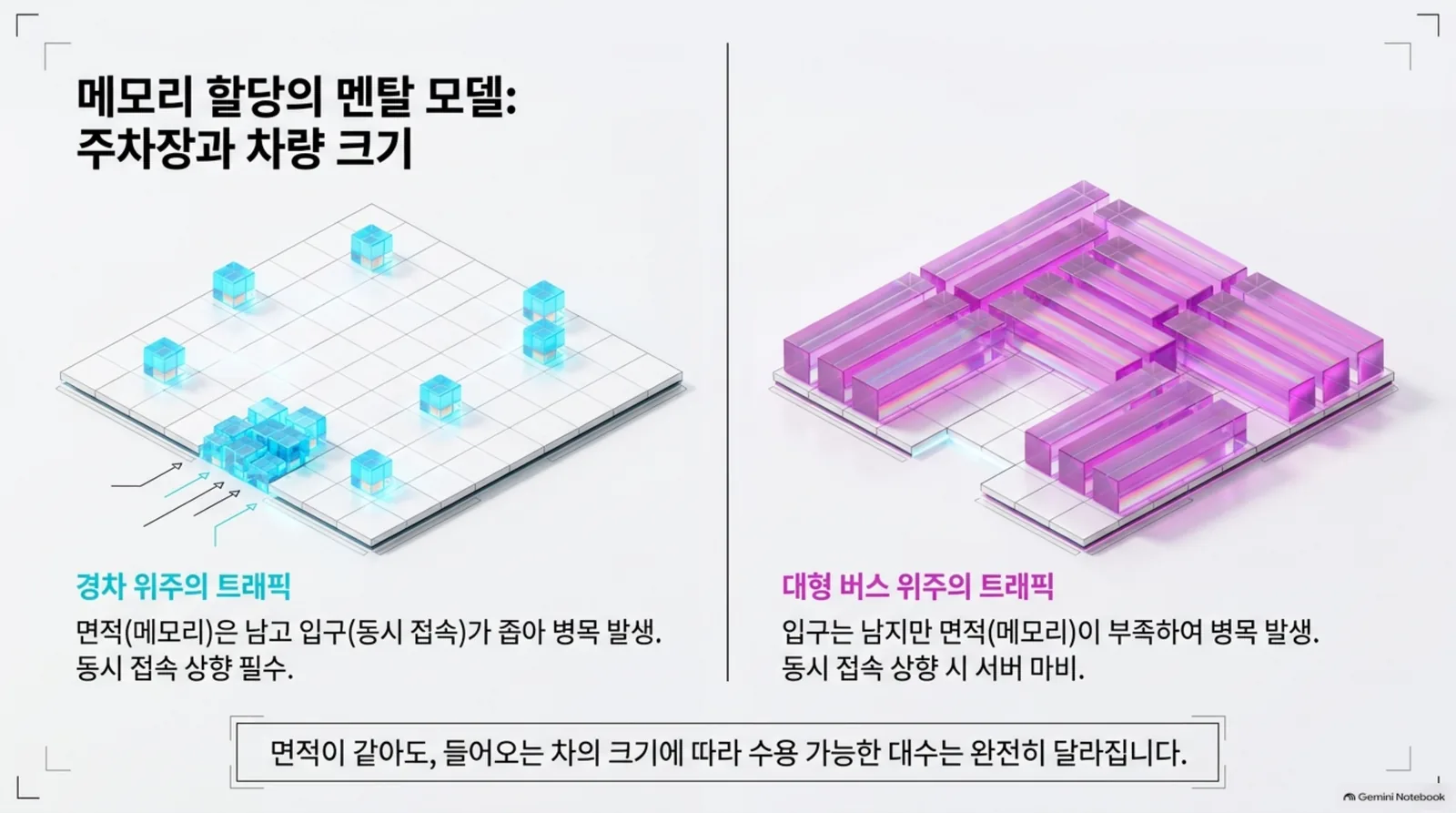 같은 면적의 주차장이라도 경차가 오느냐 대형버스가 오느냐에 따라 받을 수 있는 대수가 달라진다는 그림