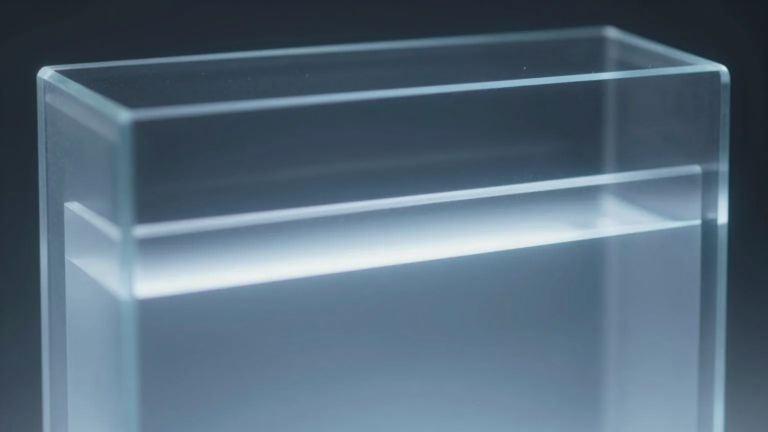 Abstract image of a translucent glass slab with a band of light passing through its interior while the outer surfaces remain unmarked
