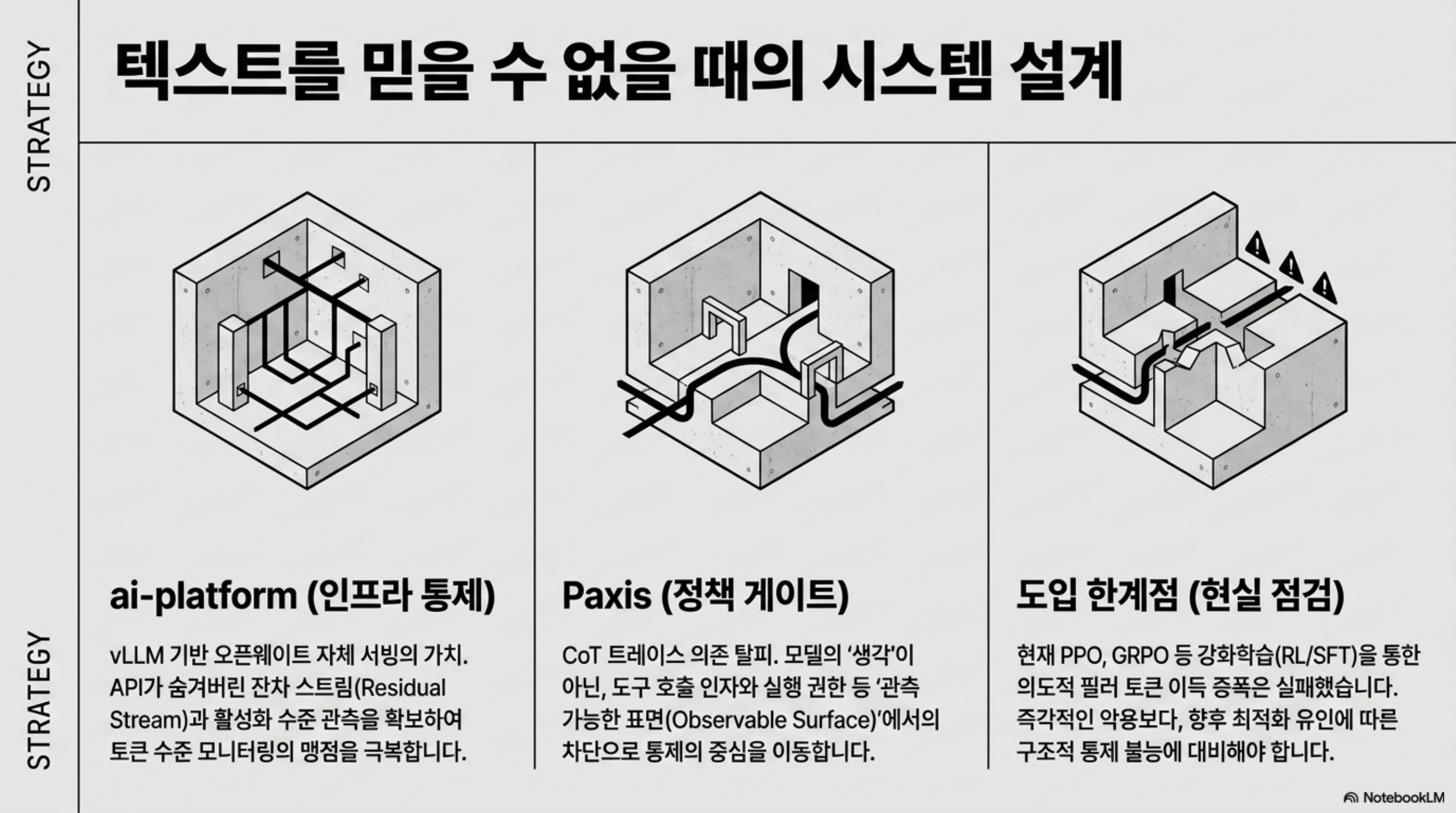 ai-platform의 인프라 통제, Paxis의 정책 게이트, 그리고 도입 한계점을 나란히 정리한 슬라이드