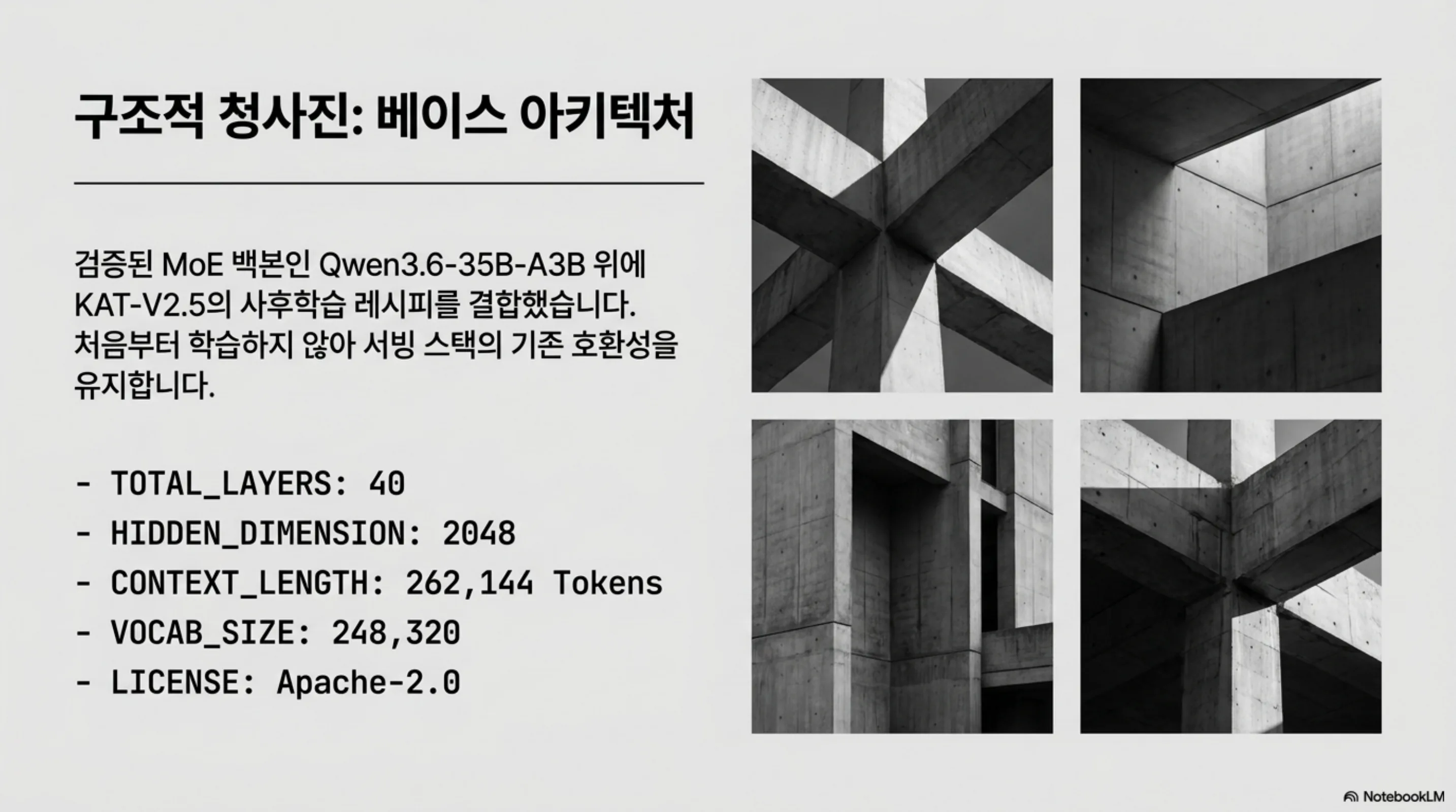 베이스 아키텍처 요약 슬라이드. 레이어 40개, 은닉 차원 2048, 컨텍스트 262,144 토큰, 어휘 248,320, Apache-2.0 라이선스