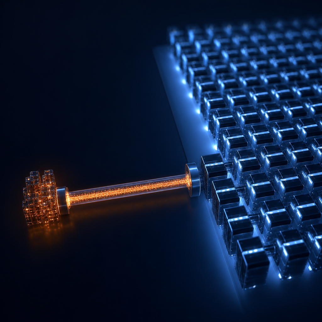 A single narrow glowing conduit connecting a small cluster to a vast lattice of idle compute cubes