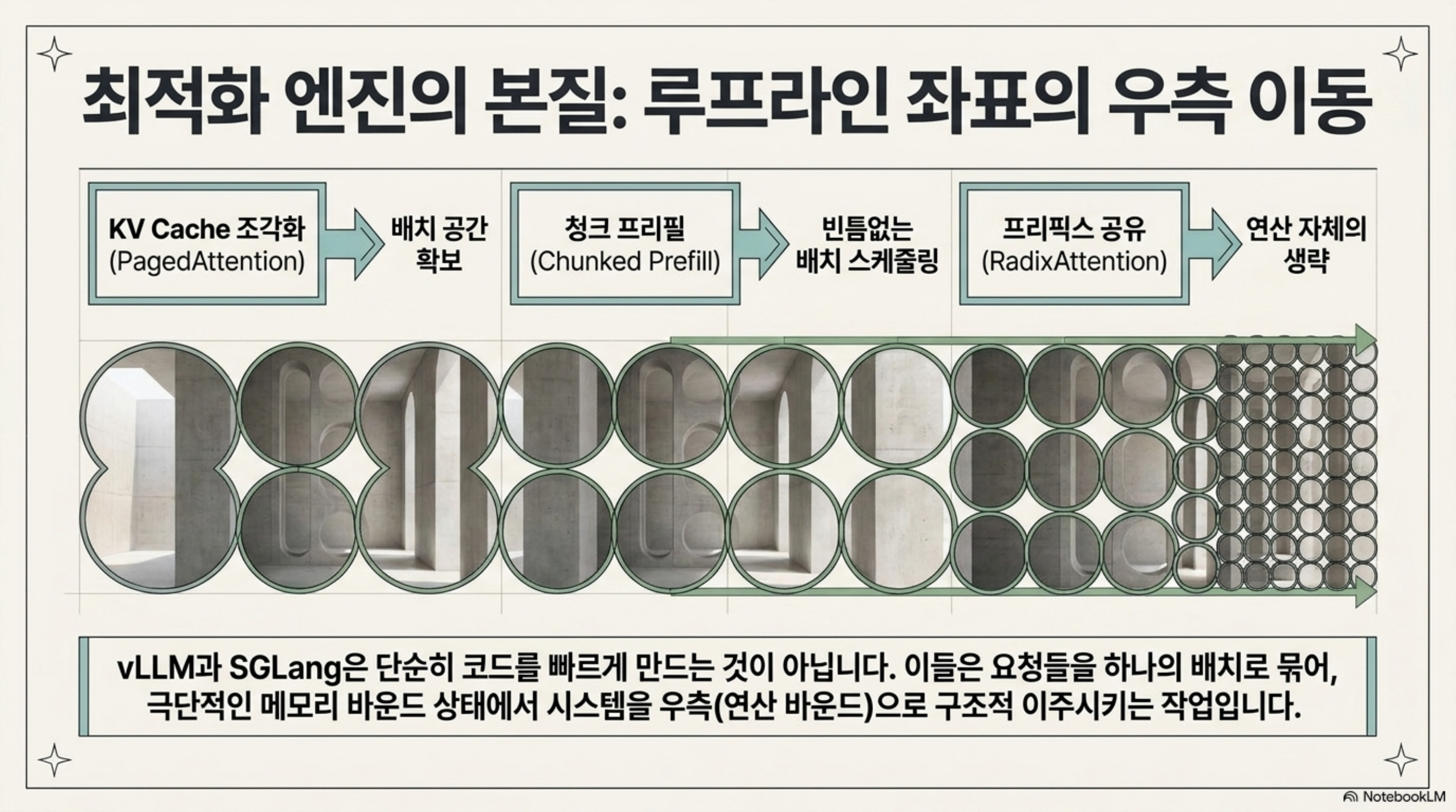 PagedAttention, 청크 프리필, RadixAttention이 각각 배치 공간 확보와 스케줄링과 연산 생략으로 이어지는 흐름을 나열한 슬라이드