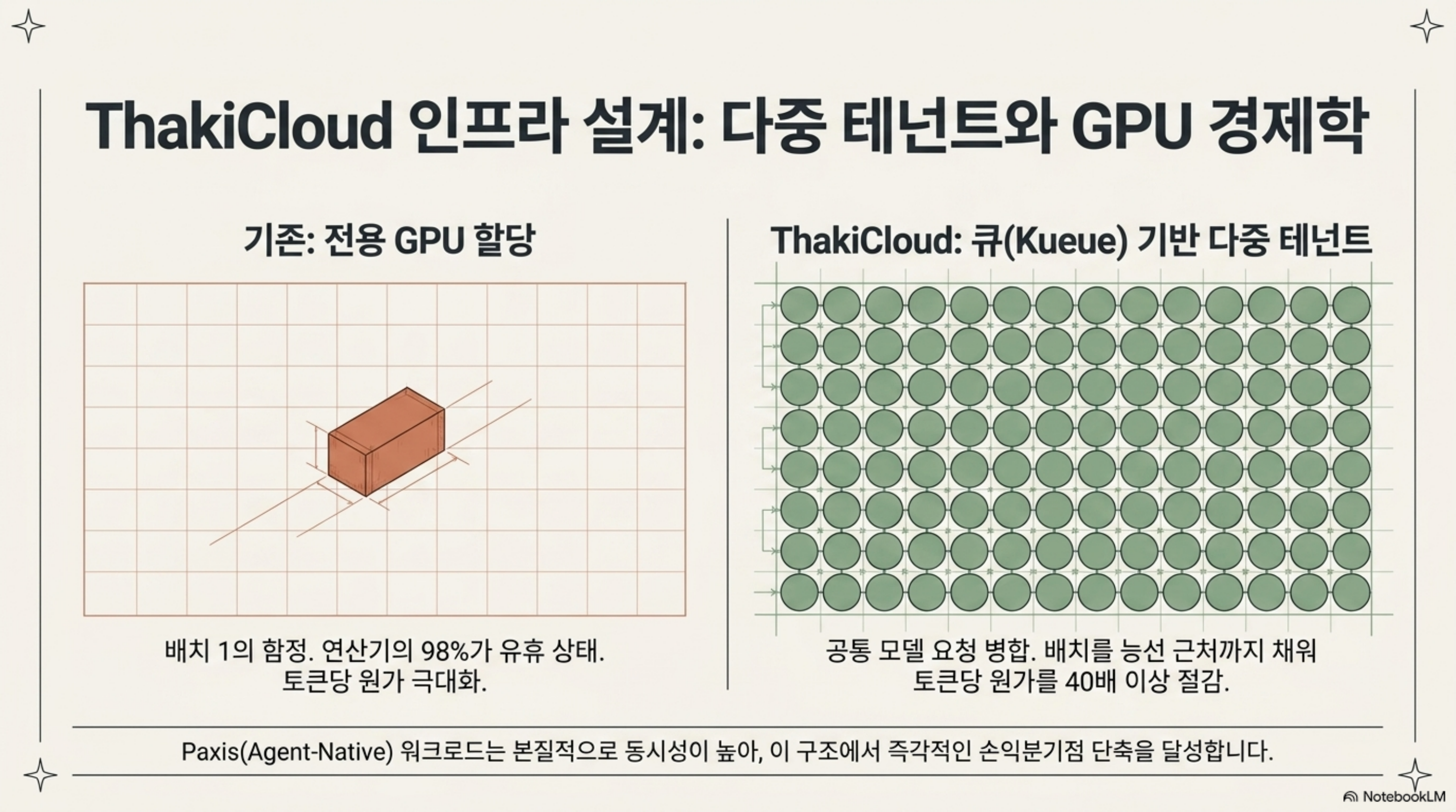 전용 GPU 할당과 큐 기반 다중 테넌트를 좌우로 대비해 배치 채우기가 토큰당 원가를 낮추는 구조를 보여 주는 슬라이드