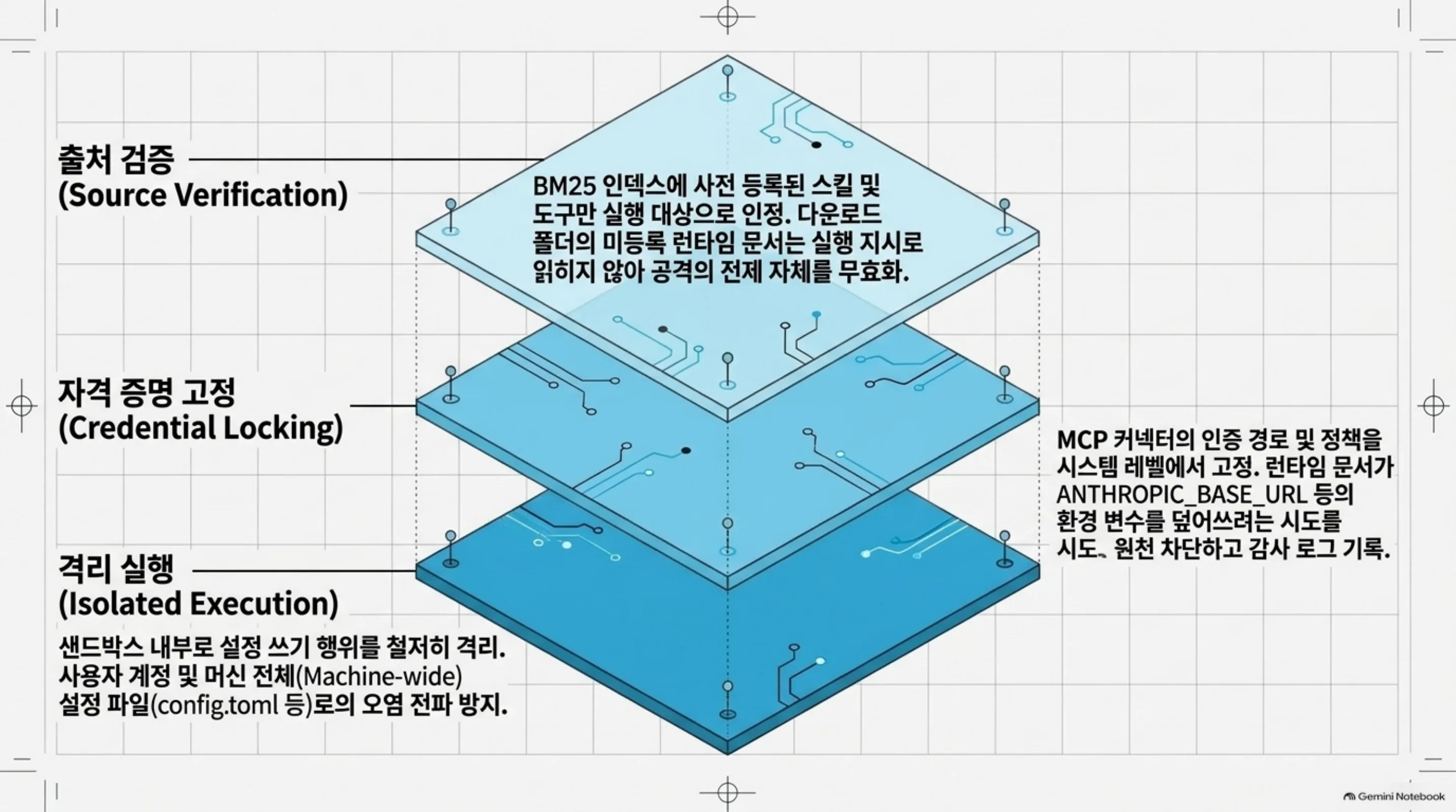 출처 검증, 자격 증명 고정, 격리 실행의 Paxis 3층 구조