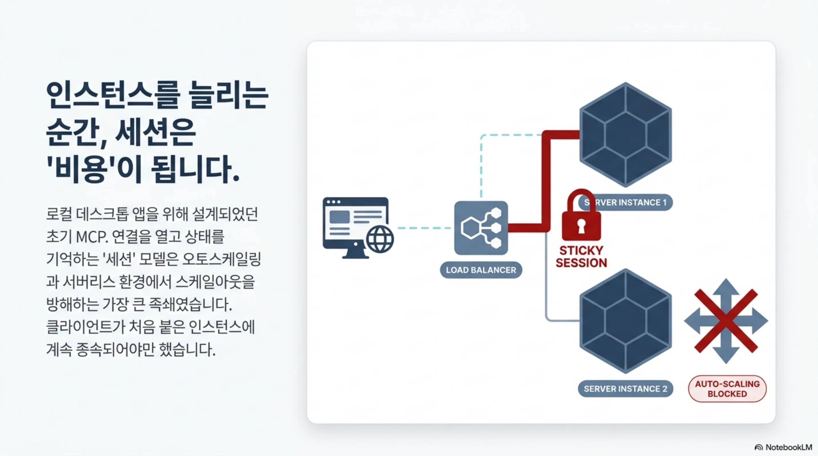 스티키 세션이 오토스케일링을 막는 기존 구조를 그린 슬라이드