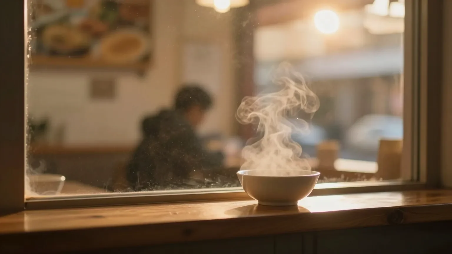 Abstract image of warm window light in a small neighborhood eatery with steam rising from a bowl on a wooden counter