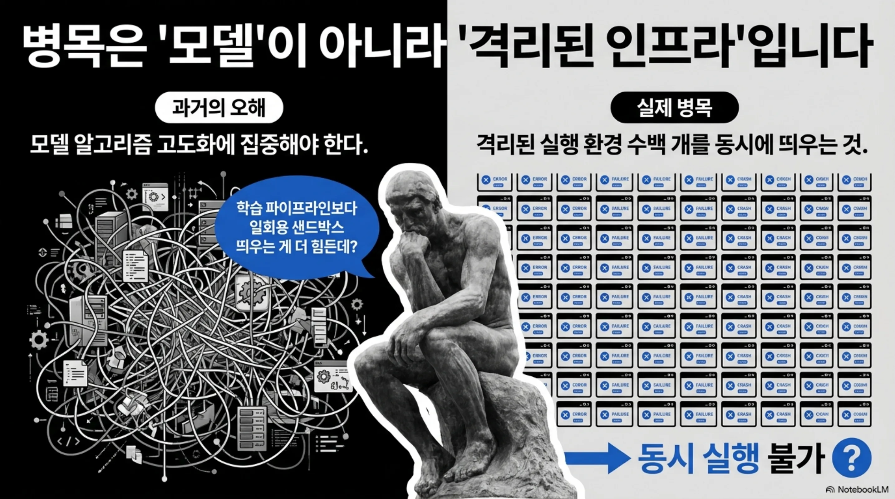 병목이 모델 알고리즘이 아니라 격리된 실행 환경이라는 점을 대비해 보여 주는 슬라이드