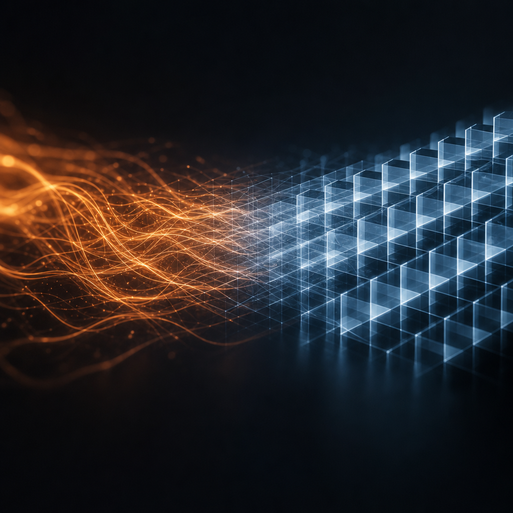 A loose hand-drawn luminous trail on the left crystallising into an ordered lattice of blocks on the right