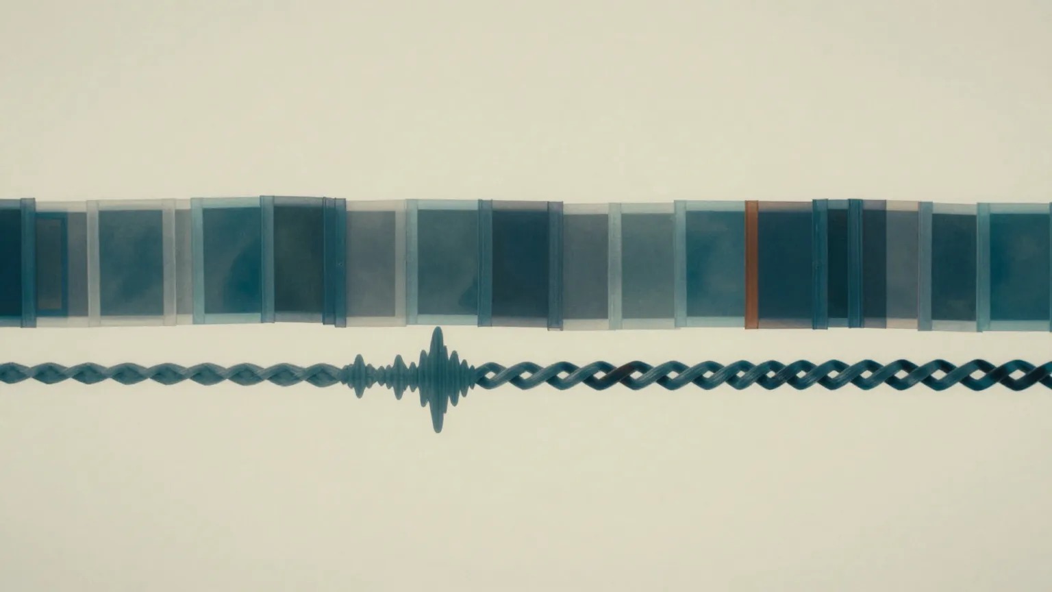 Abstract illustration of layered frame ribbons and a waveform band braided into a single strand