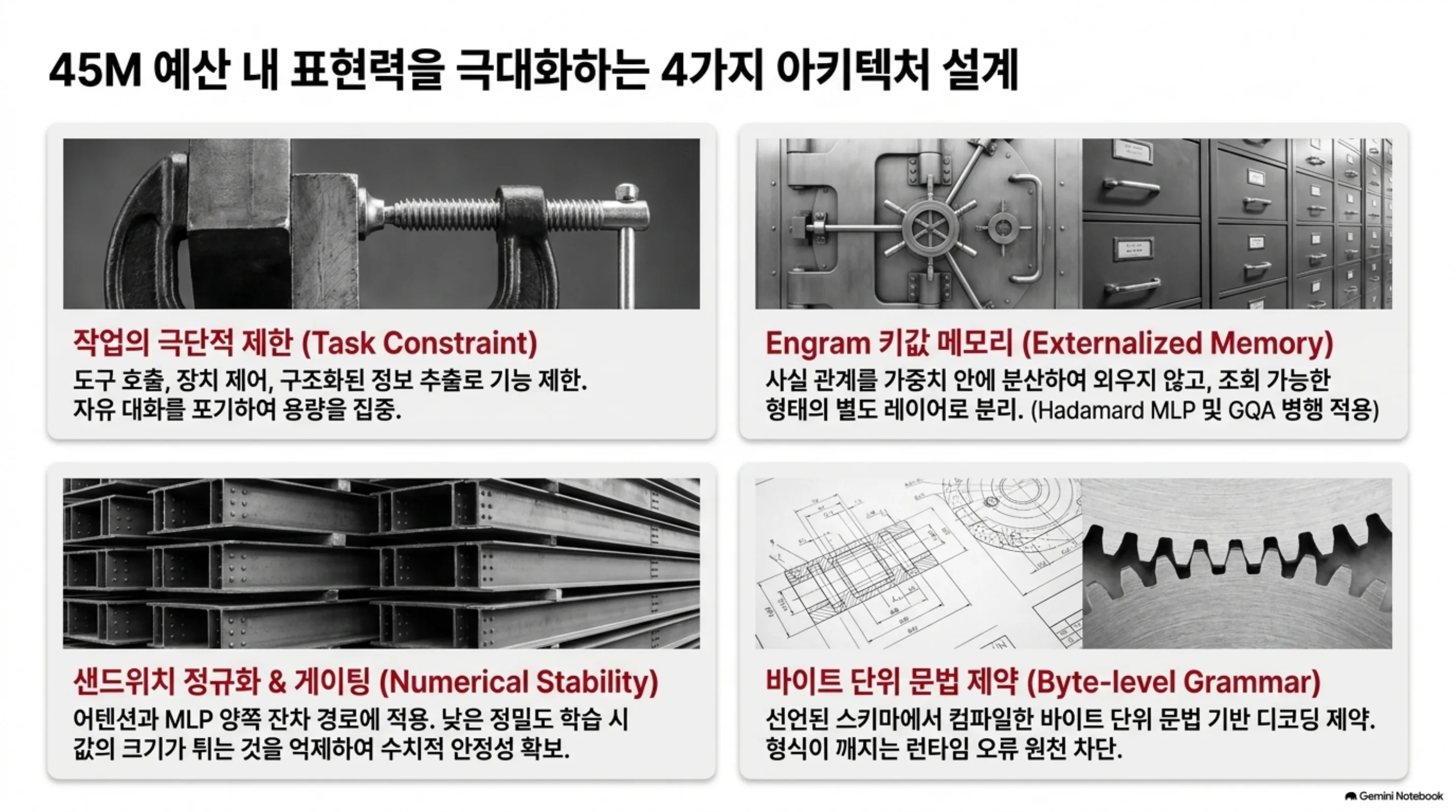 45M 예산 안에서 표현력을 확보하는 네 가지 설계로 작업 범위 제한과 engram 키값 메모리와 샌드위치 정규화 및 게이팅과 바이트 단위 문법 제약을 정리한 도식