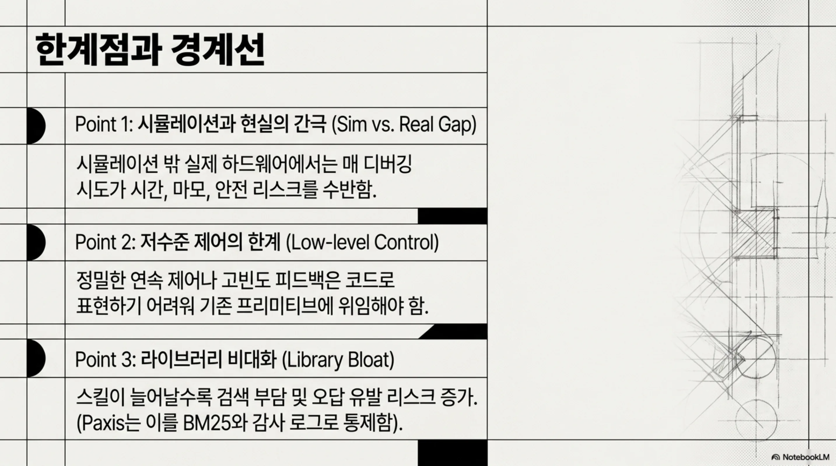 한계점과 경계선: 시뮬레이션과 현실의 간극, 저수준 제어의 한계, 스킬 라이브러리 비대화