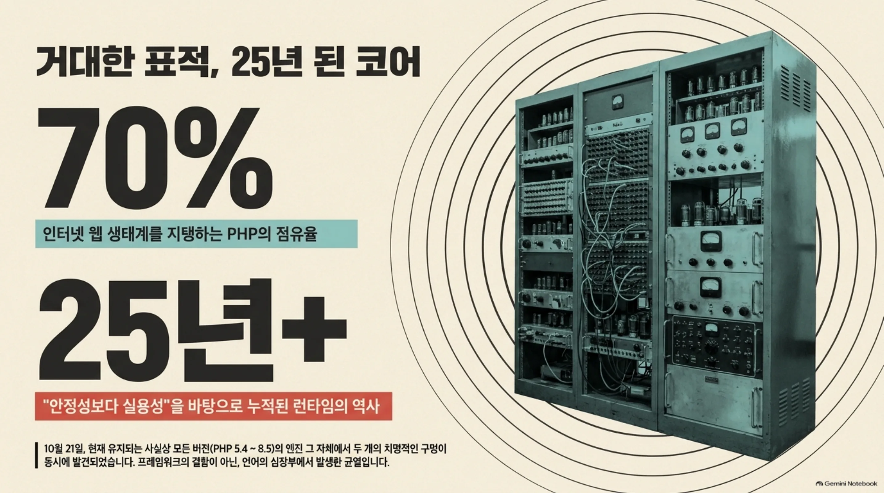 웹의 70%를 지탱하는 25년 된 PHP 코어를 형상화한 슬라이드