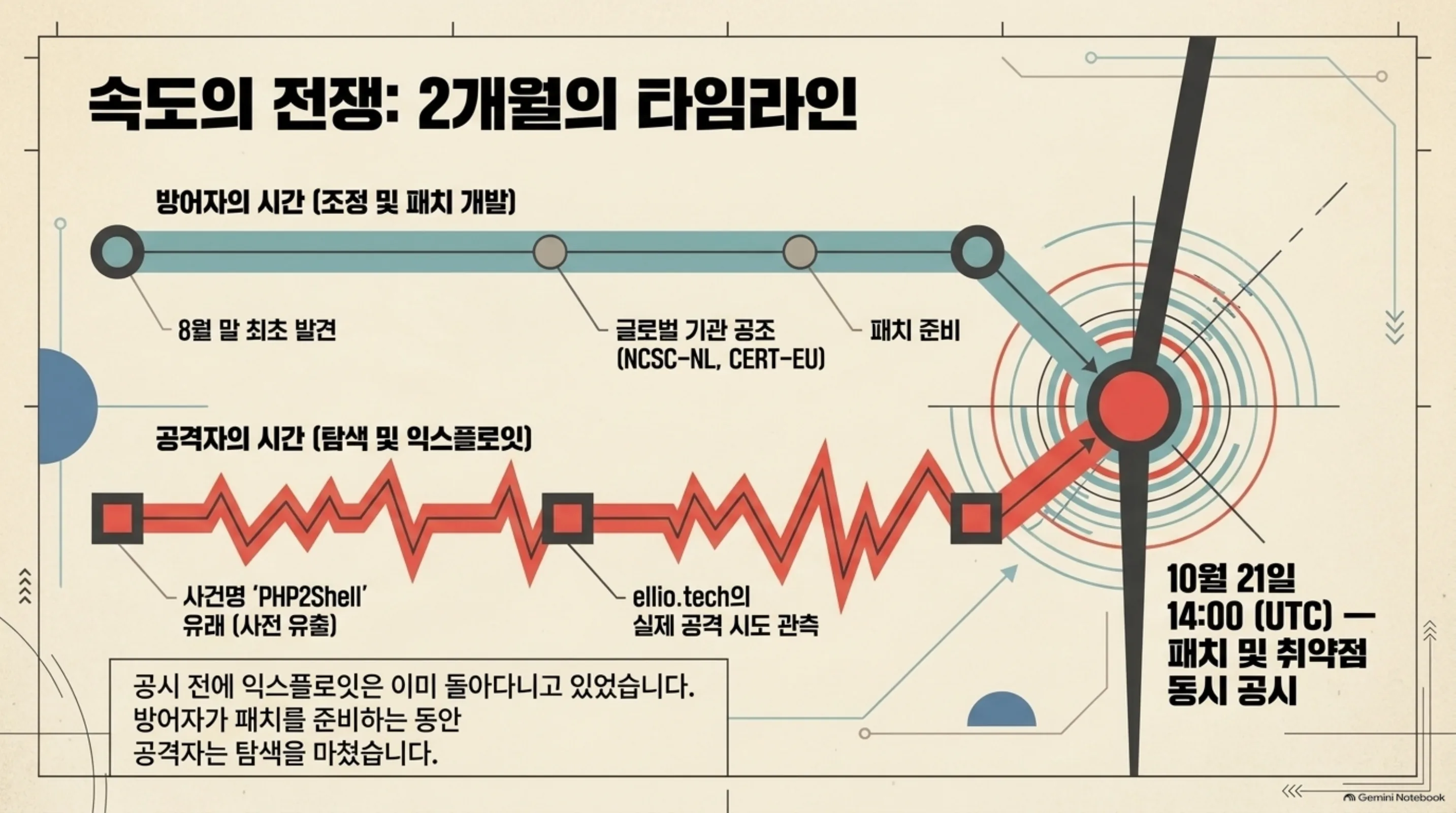 방어자와 공격자의 2개월 타임라인을 보여주는 슬라이드
