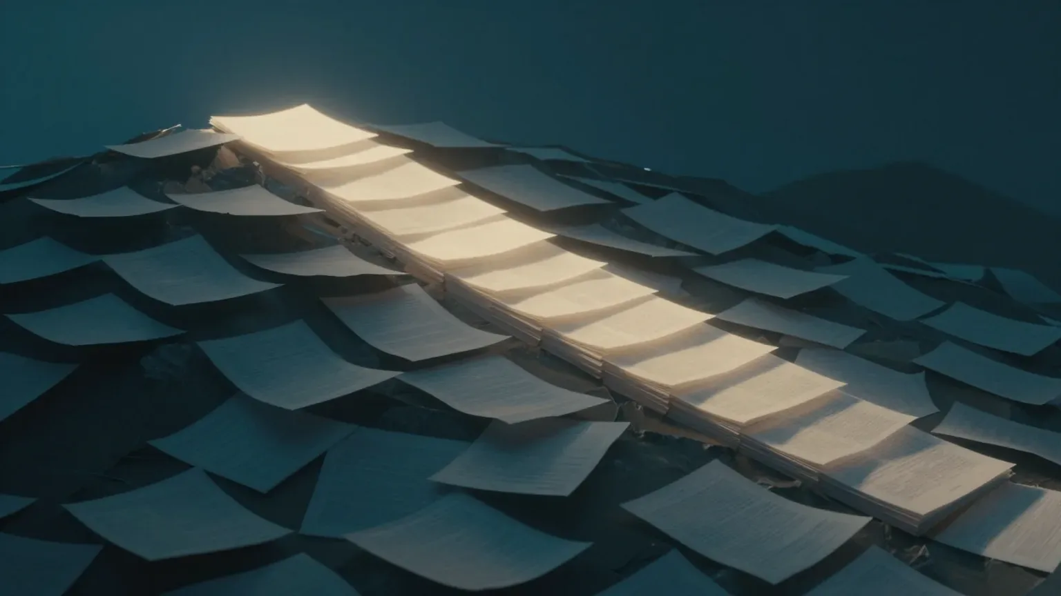 Abstract visual of documents piled into a mountain, with light revealing an ordered stack