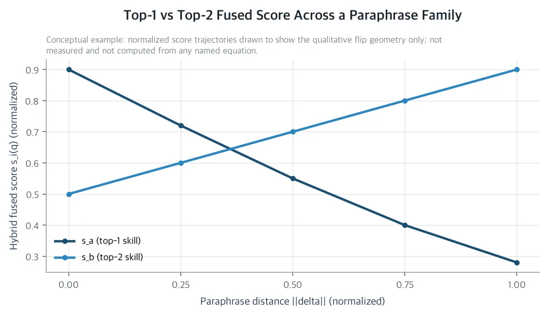 top-1 vs top-2 hybrid score over a paraphrase family