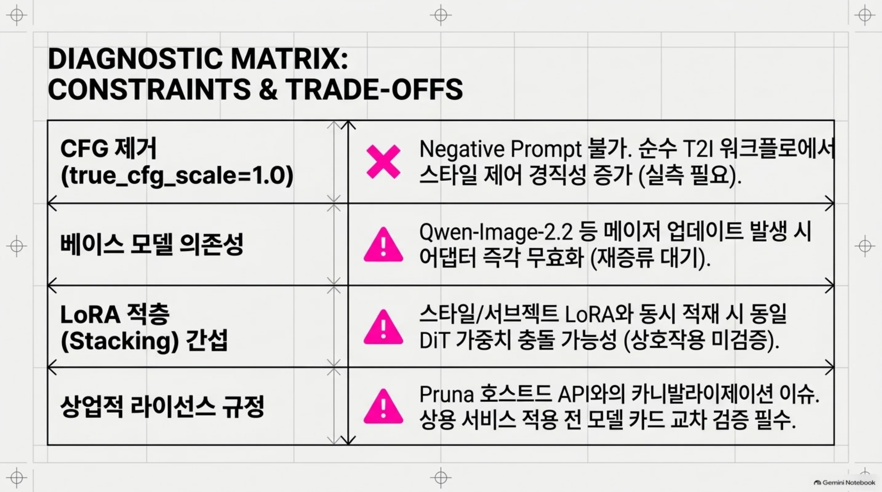 진단 매트릭스: 제약을 CFG 제거·베이스 모델 의존성·LoRA 적층·상업적 라이선스로 정리한 슬라이드(NLM)