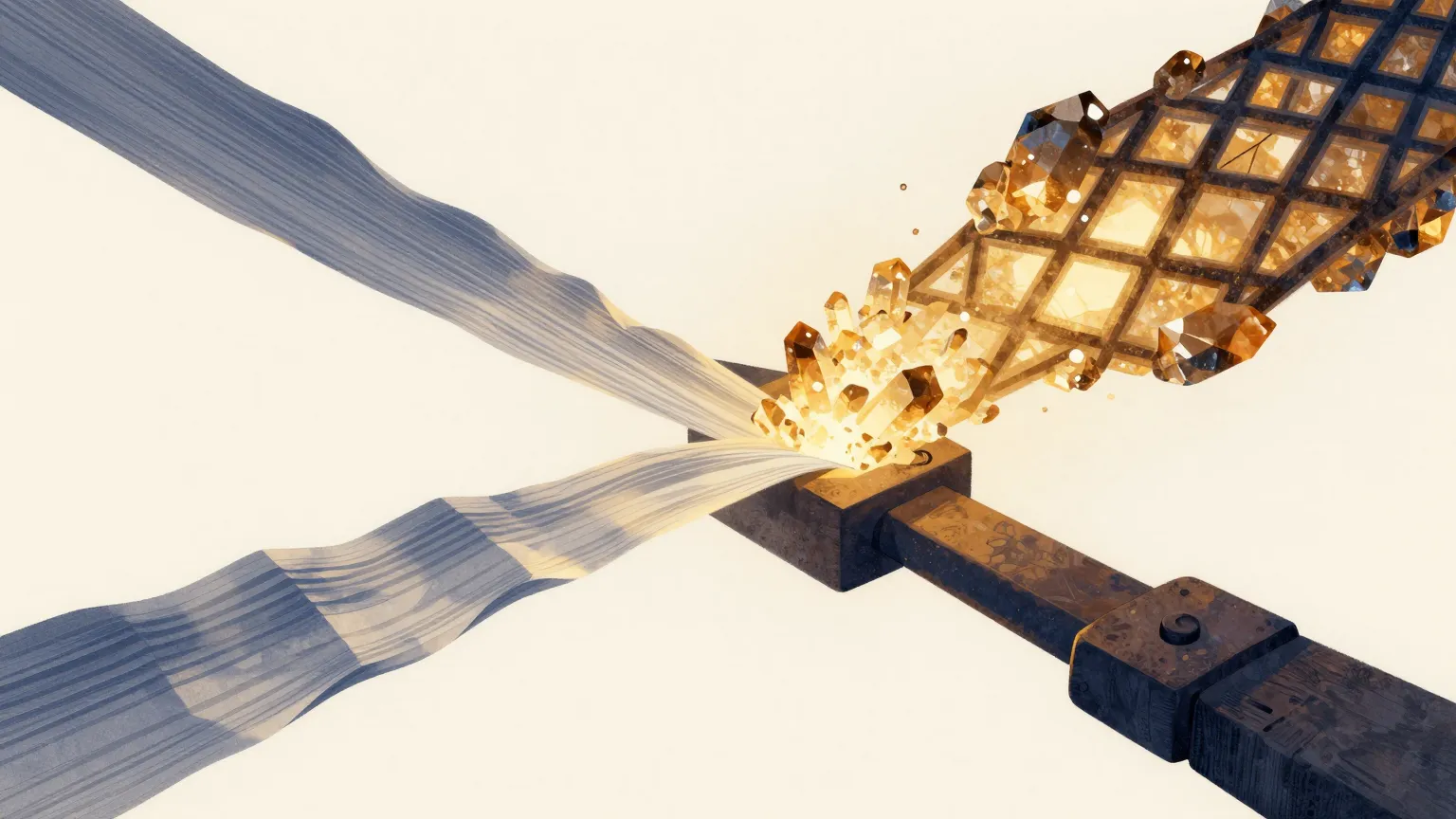 Abstract illustration of two streams of material meeting at an anvil and being forged into a single crystal