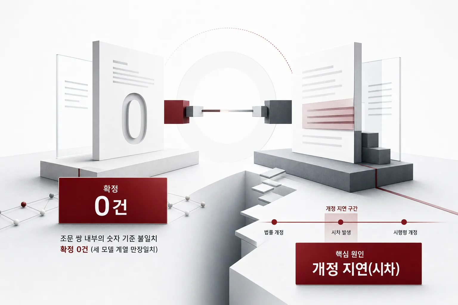 한국 법령 전체에서 숫자 모순을 찾아봤습니다: 확정 0건, 틈은 개정 지연에 있었습니다 개념을 형상화한 이미지