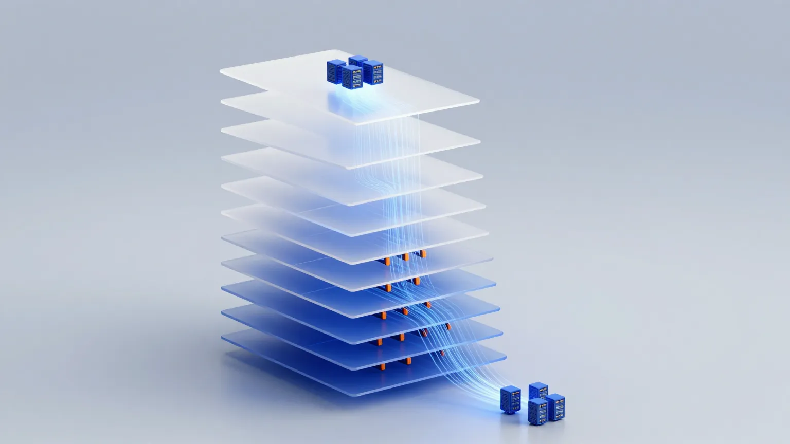 Abstract illustration of a large model distilled into compact layers flowing into cloud serving infrastructure