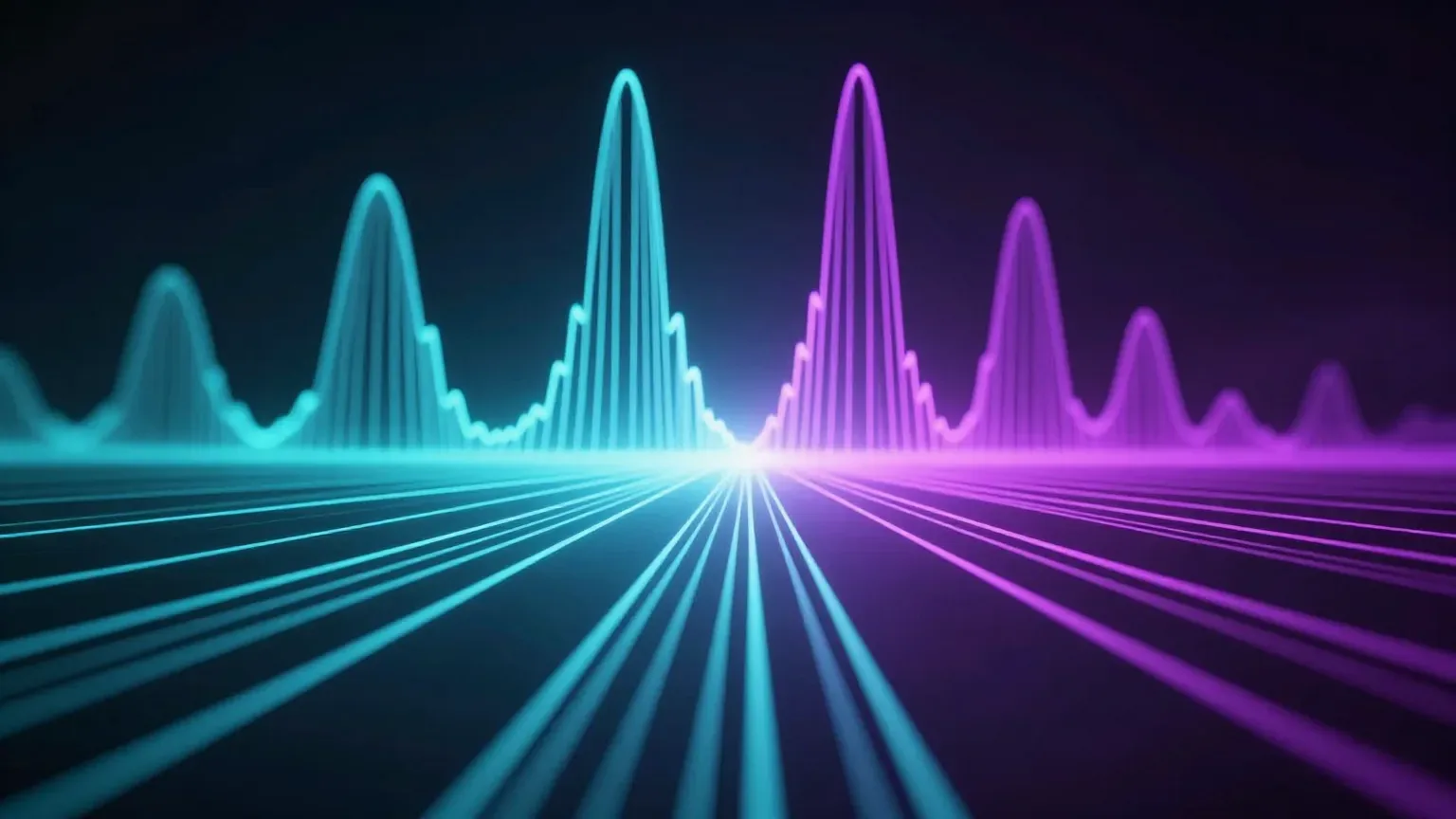 Abstract waveform strands fanning out from a single source into many streams of light