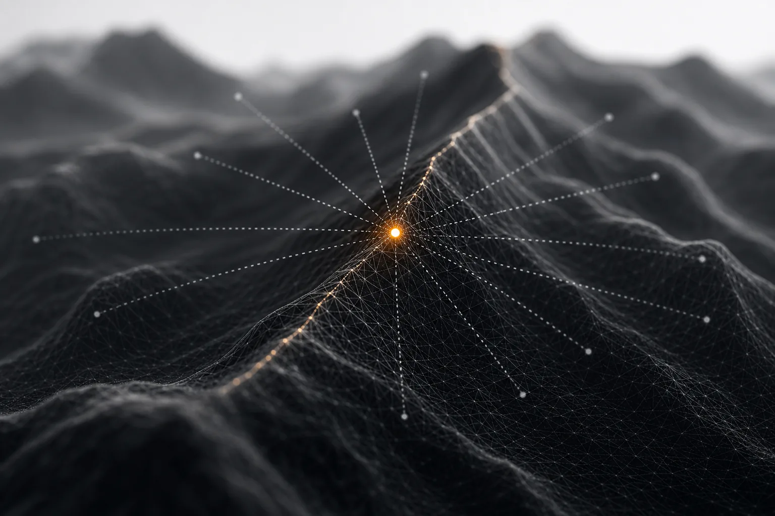 Abstract image of directionless probes scanning weight space against the backpropagation graph